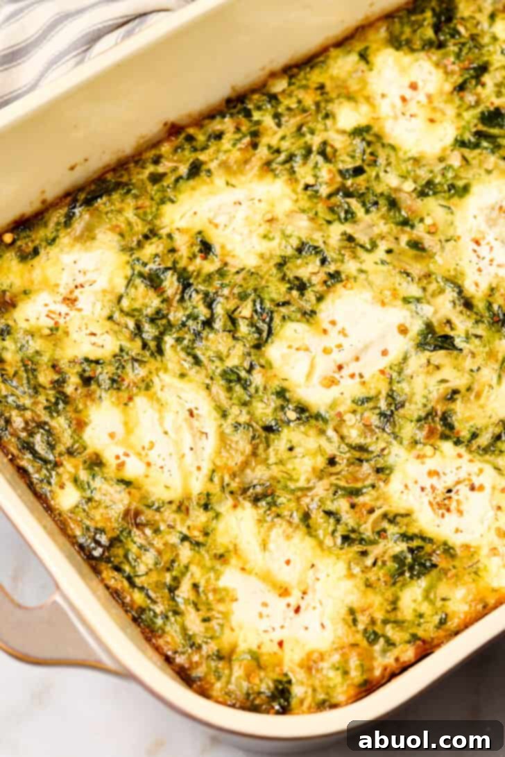 Easy Egg Casserole recipe with spinach and cheese, baked and ready