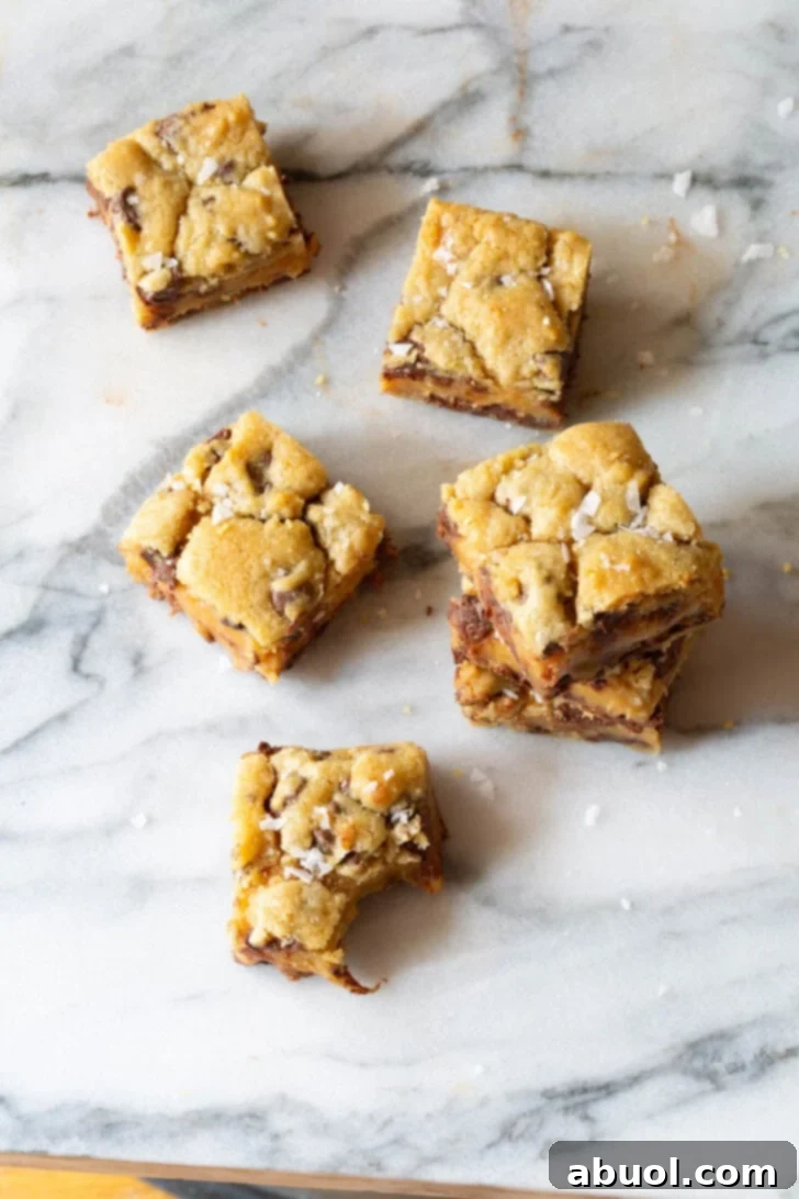 Overhead shot of freshly baked salted caramel chocolate chip cookie bars, uncut, with flaky sea salt sprinkled on top.