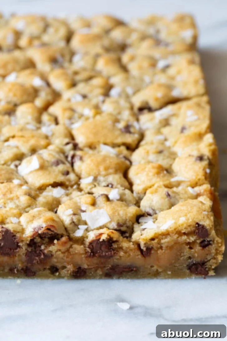 Salted Caramel chocolate chip cookie bars after being baked but before being cut into individual bars, still in the foil-lined pan.