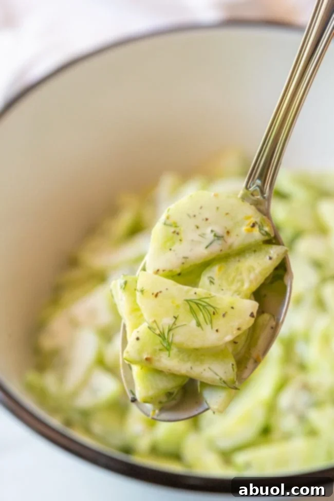 Close up of Creamy Cucumber Salad scooped up on spoon, showcasing the fresh dill and creamy dressing.