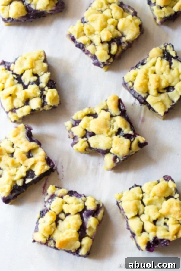 Slices of sheet pan blueberry cookies, with a bitten piece in the foreground, showcasing the golden shortbread crust and luscious blueberry filling.