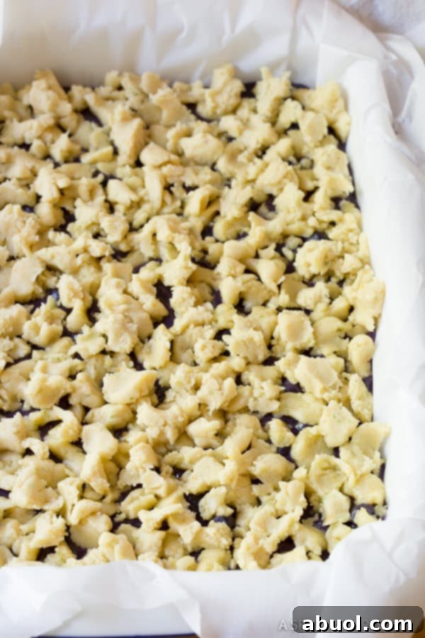 Small, craggy bits of shortbread cookie dough delicately spread across the vibrant blueberry filling in a baking dish, ready for baking.