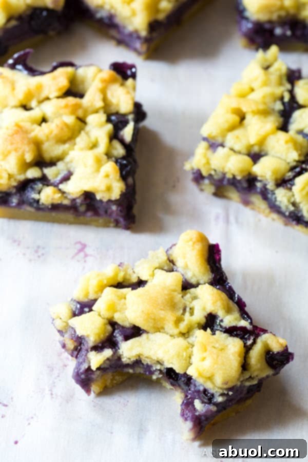 Close-up of golden-brown blueberry cookie bars, some with bites taken out, showcasing the flaky crust and vibrant fruit filling.