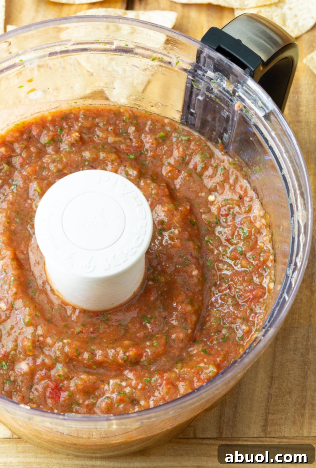 A close-up shot of freshly blended homemade salsa, showcasing its ideal chunky texture and vibrant red color, ready to be chilled.