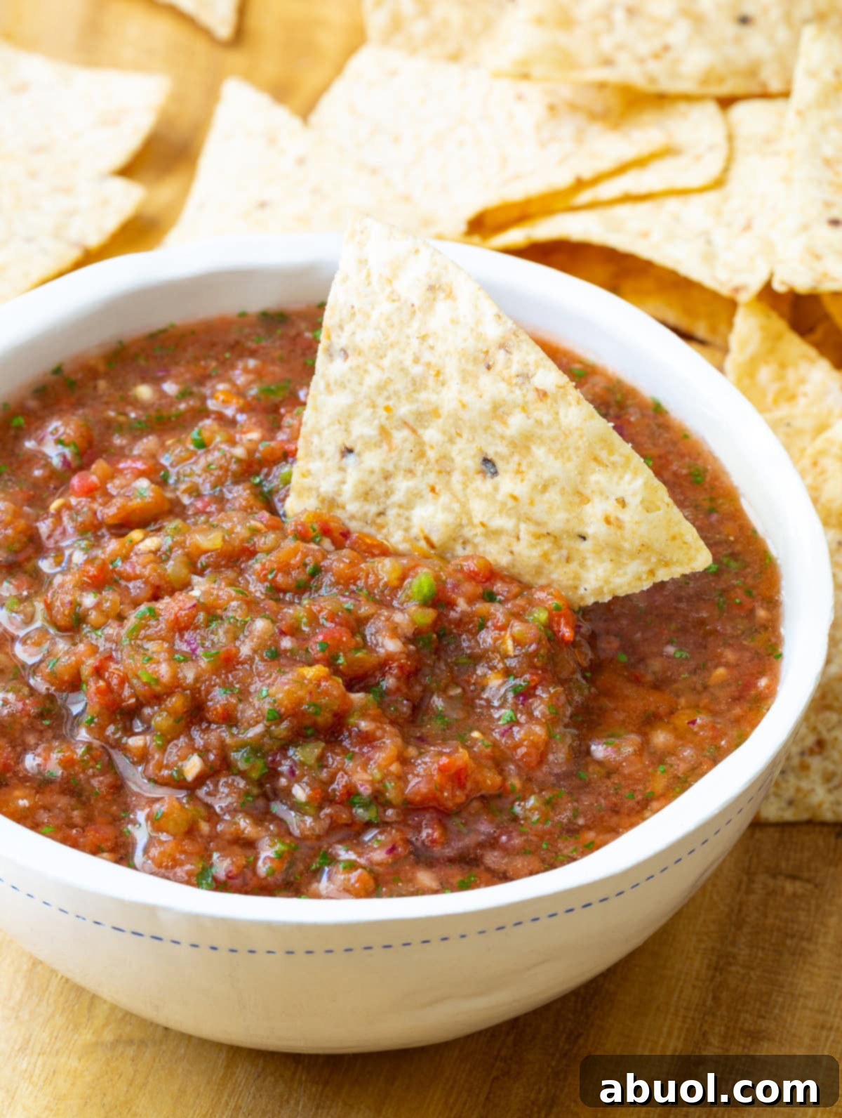 Close-up of a rustic bowl filled with homemade salsa, perfectly blended with chunky bits, served with golden tortilla chips for dipping.