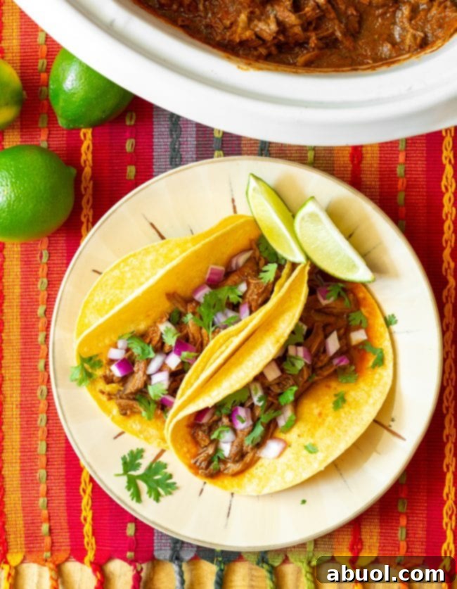 Two authentic Crockpot Barbacoa tacos, topped with fresh cilantro and diced onions, served on a pristine white plate, garnished with lime wedges.