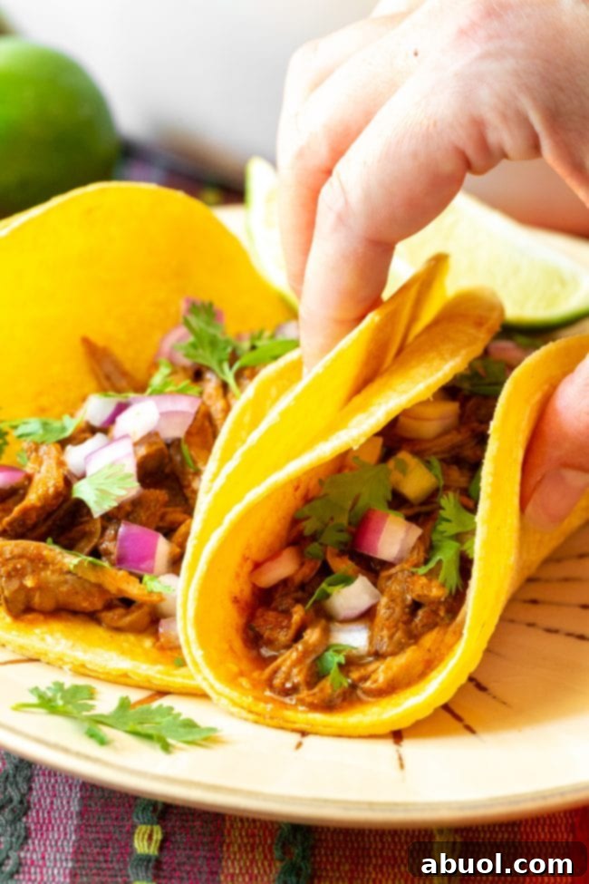 A hand reaches for a perfectly assembled barbacoa taco, generously loaded with shredded beef, fresh cilantro, and finely chopped red onions.
