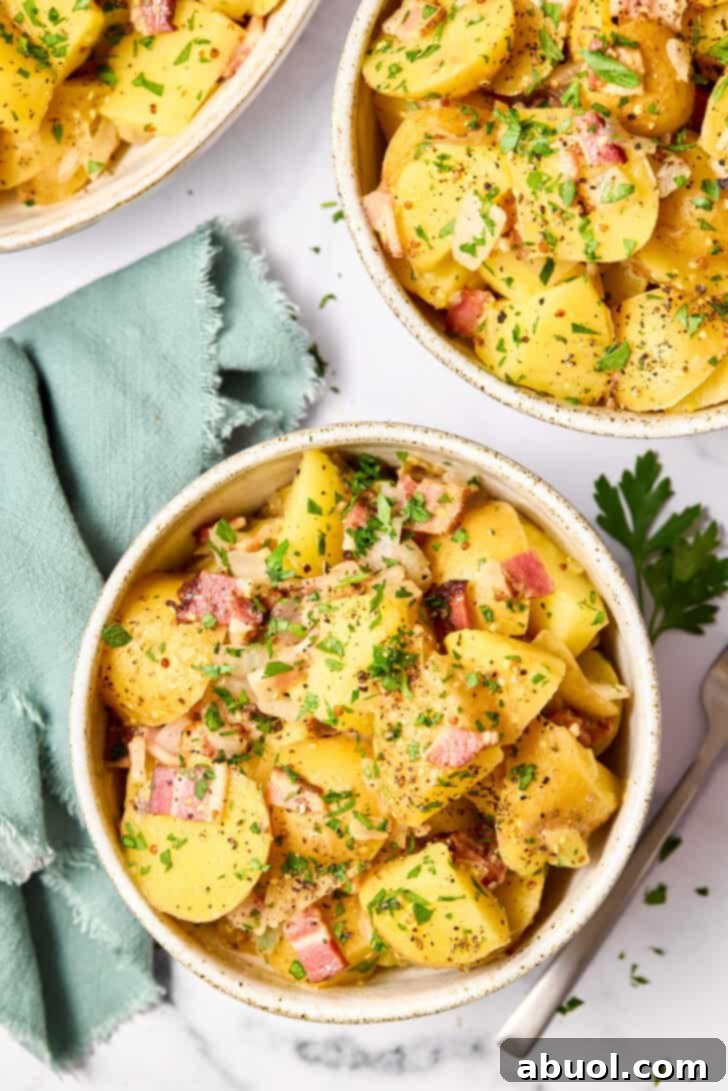 Hot German Potato Salad Recipe overhead shot with large and small bowl