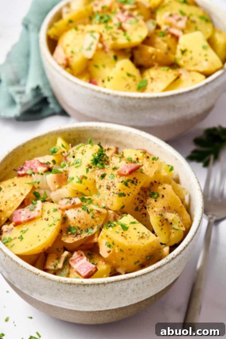 Warm potato salad in serving bowls