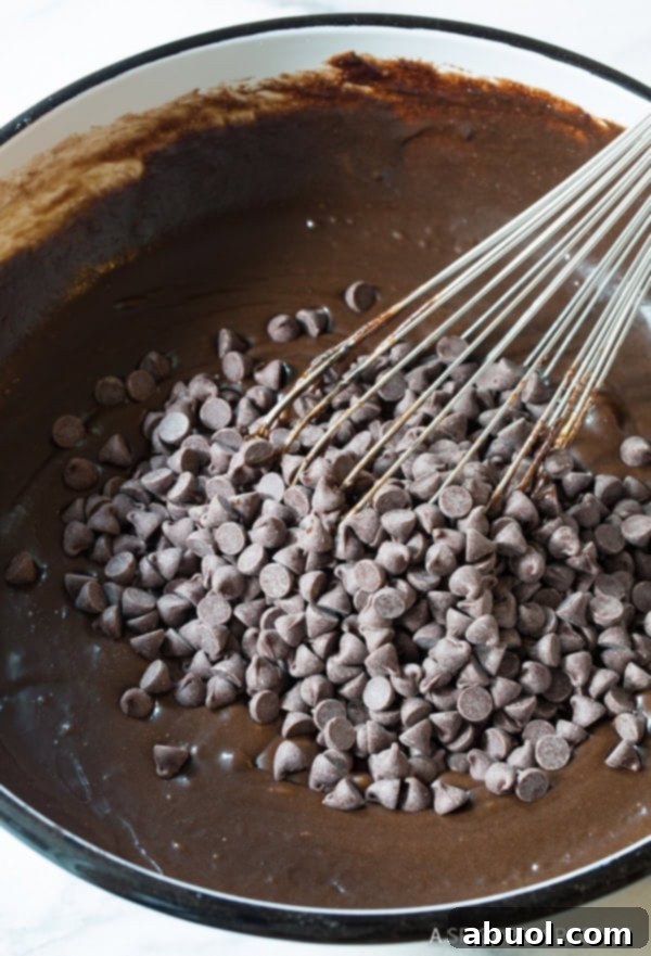 Mixing brownie batter in a bowl with chocolate chips, showing the rich, thick consistency.
