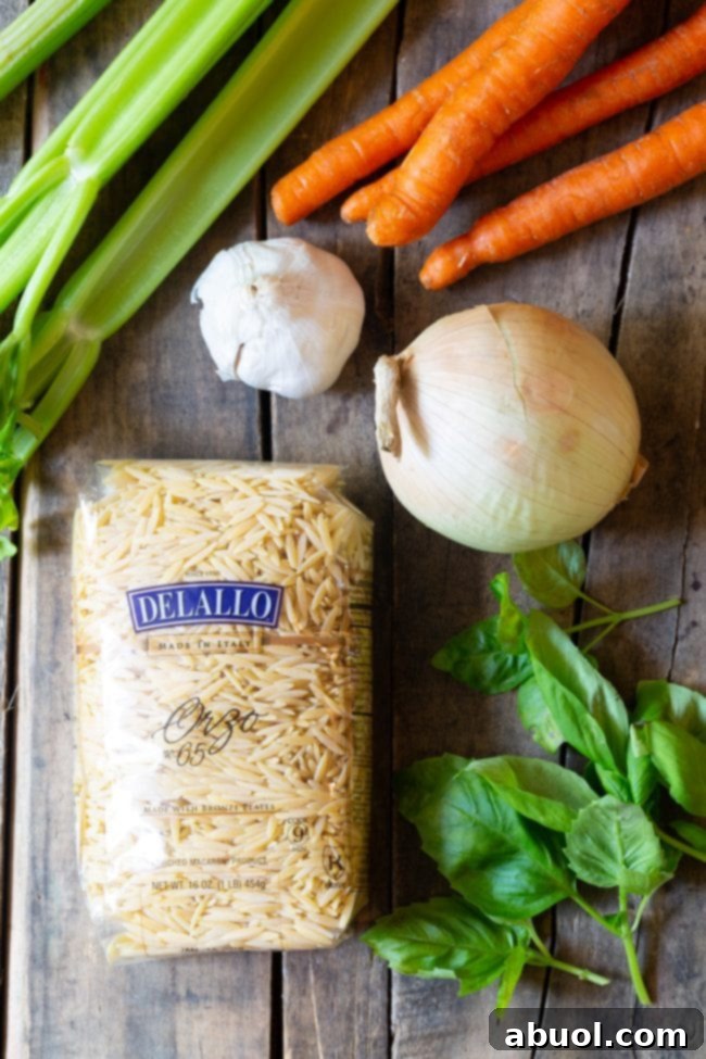 Fresh ingredients for Italian Chicken Orzo Soup, including chopped vegetables, chicken breast, and herbs, arranged on a rustic wooden background.