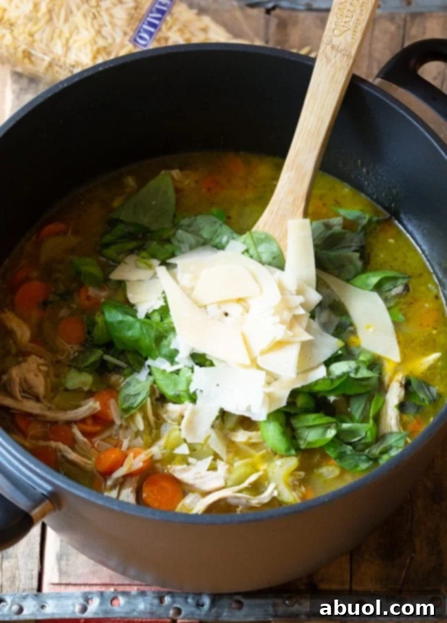 A large pot of simmering Italian Chicken Orzo Soup, showcasing tender chicken, vegetables, and orzo, garnished with fresh basil and parmesan.
