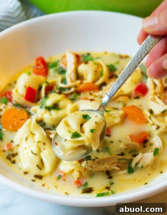Hand holding a spoonful of soup above a bowl of soup.
