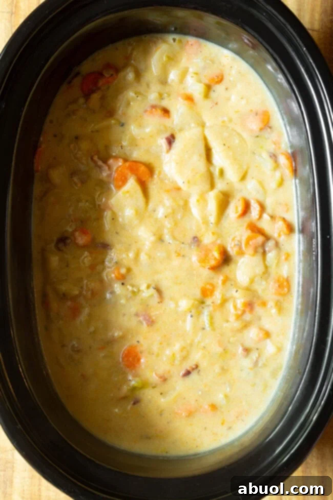 Overhead view of finished potato soup in slow cooker. 