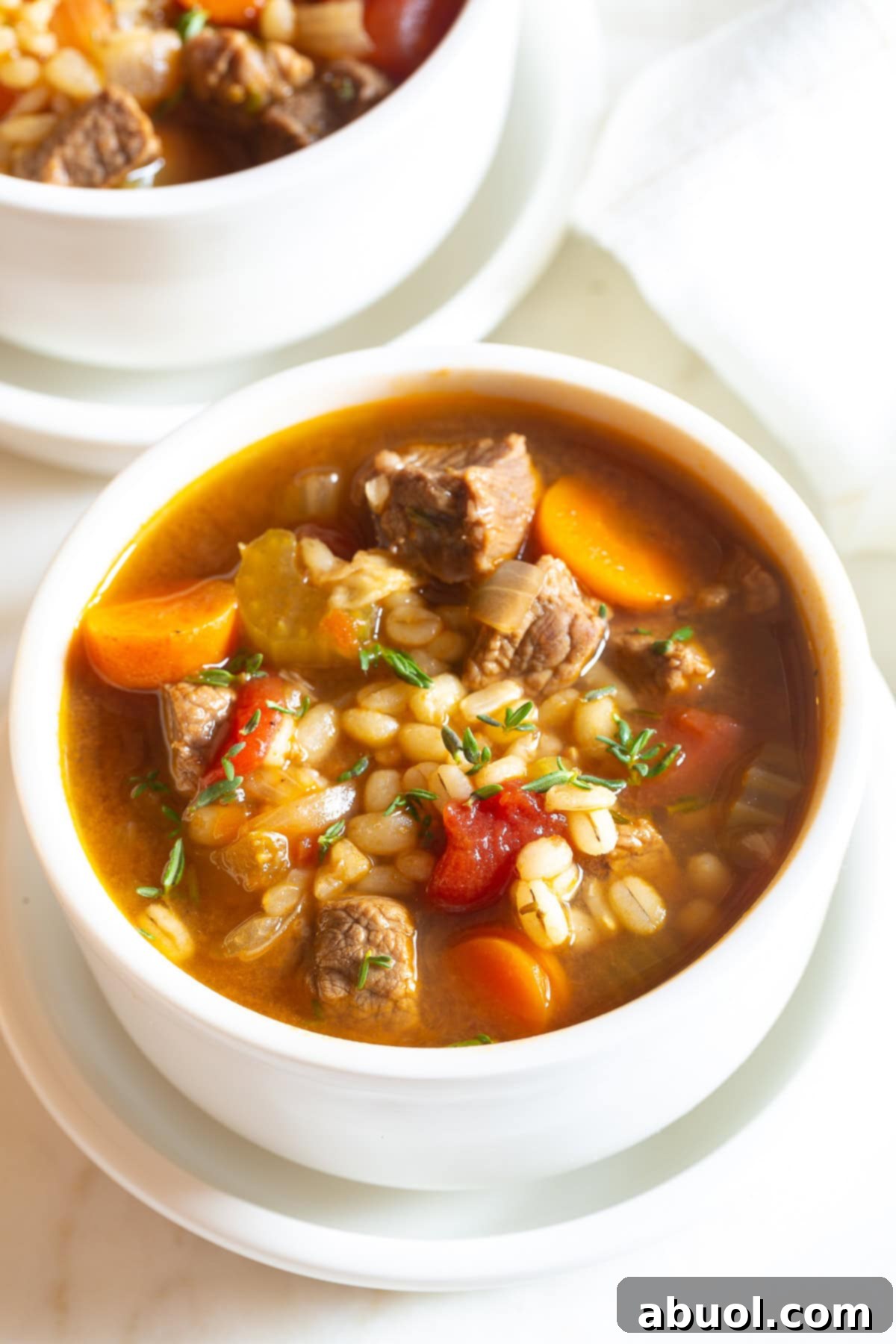 Fresh ingredients laid out for vegetable beef barley soup preparation, including beef, carrots, celery, and herbs