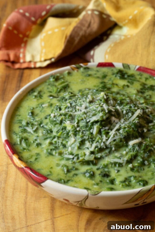 Single serving-sized bowl of this crockpot creamed spinach dish topped with parmesan. 