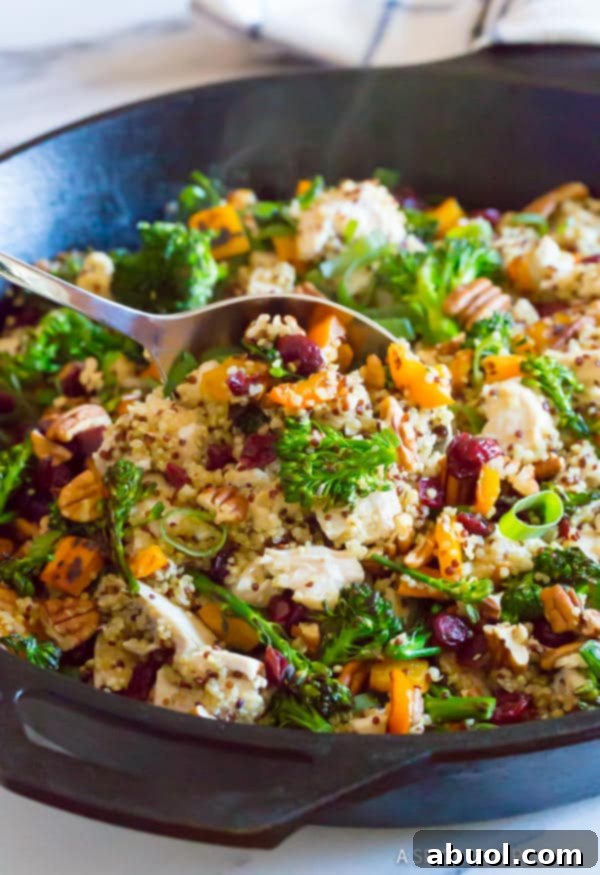 Love this Healthy One-Pot Chicken Broccoli Quinoa in large Cast Iron Skillet