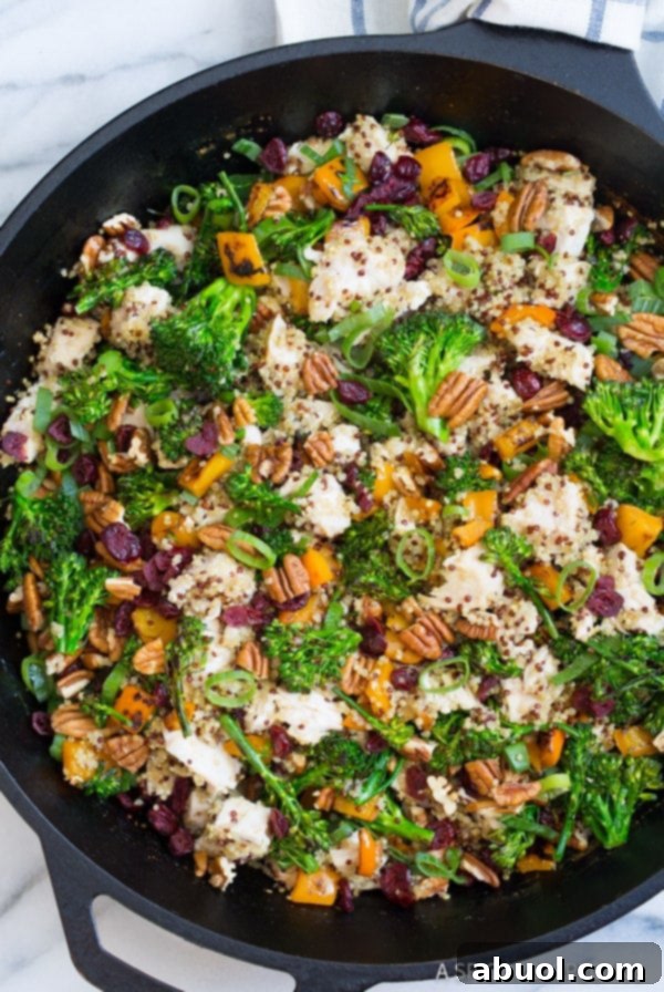 Easy Healthy Chicken Broccoli Quinoa overhead shot in large skillet