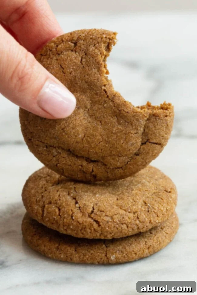 Close-up of a soft molasses cookie with a bite taken, showing its chewy interior