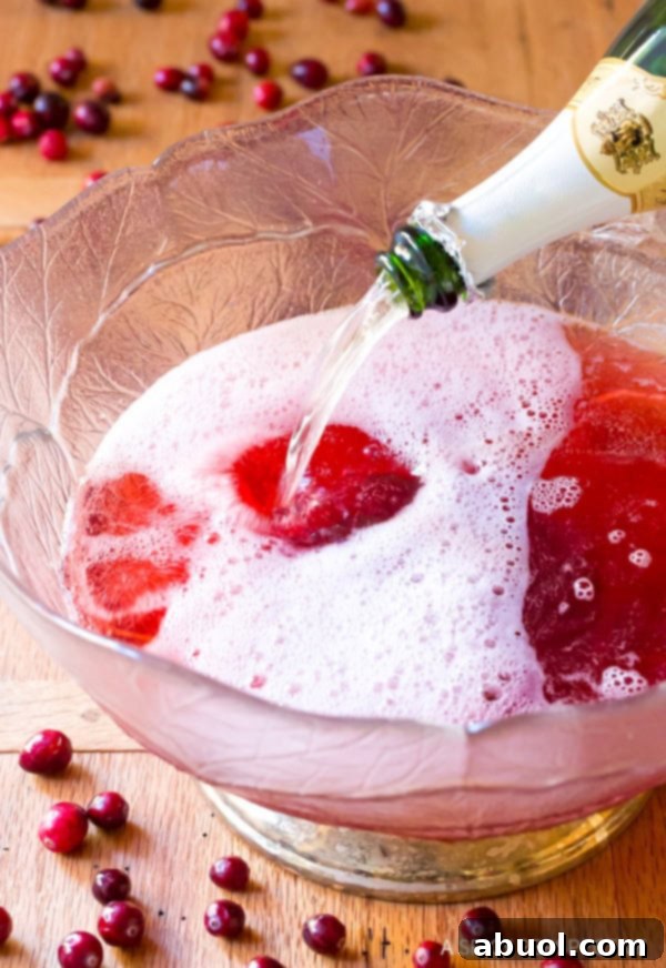 Christmas Punch #ASpicyPerspective Christmas Champagne Punch ingredients added to a punch bowl with cranberries in the background