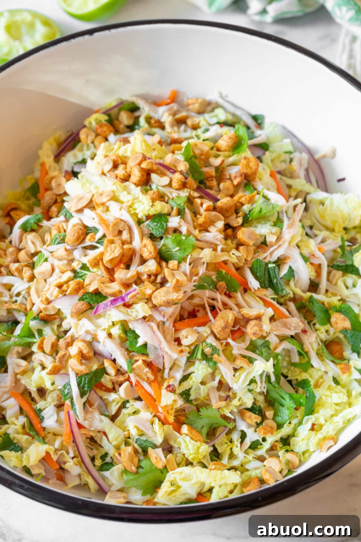 A large bowl of Goi Ga chicken salad topped generously with chopped peanuts, highlighting the fresh ingredients and vibrant colors.