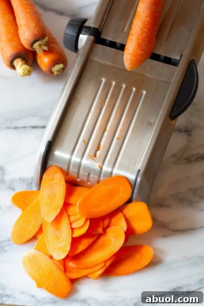 Crispy Baked Carrot Crisps 5 Carrots being expertly sliced thin using a mandolin.