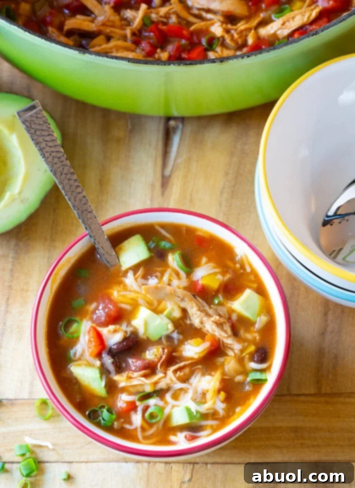 Top down view bowl of chicken fajita soup with a spoon in the bowl.