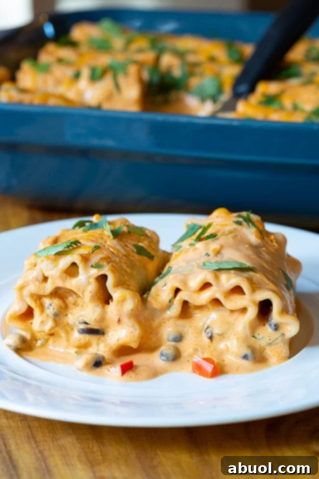 Two southwest lasagna roll ups on a white plate. 