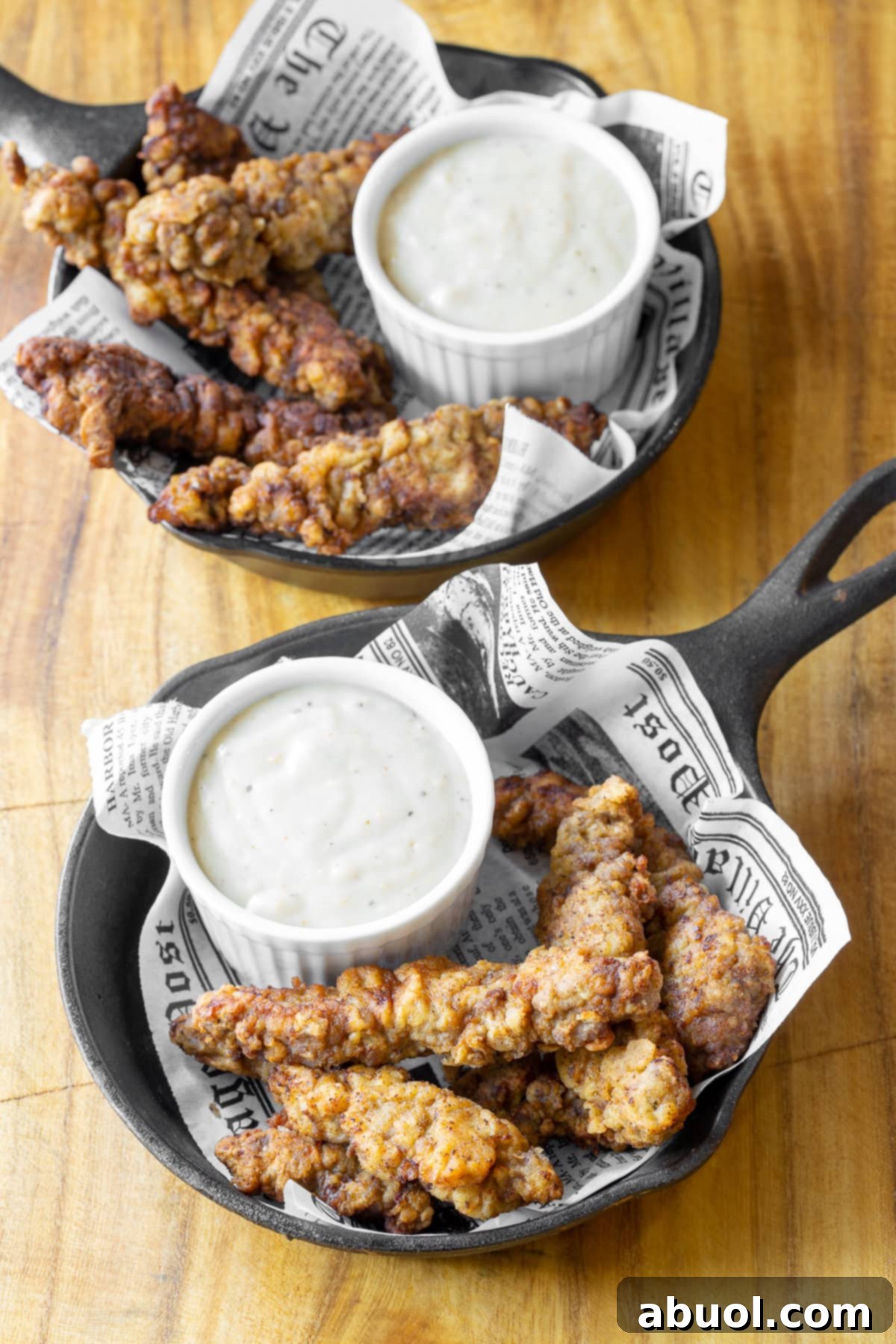 Two cast iron plates, each lined with newspaper, hold generous servings of crispy steak fingers with a small ramekin of country gravy on the side.