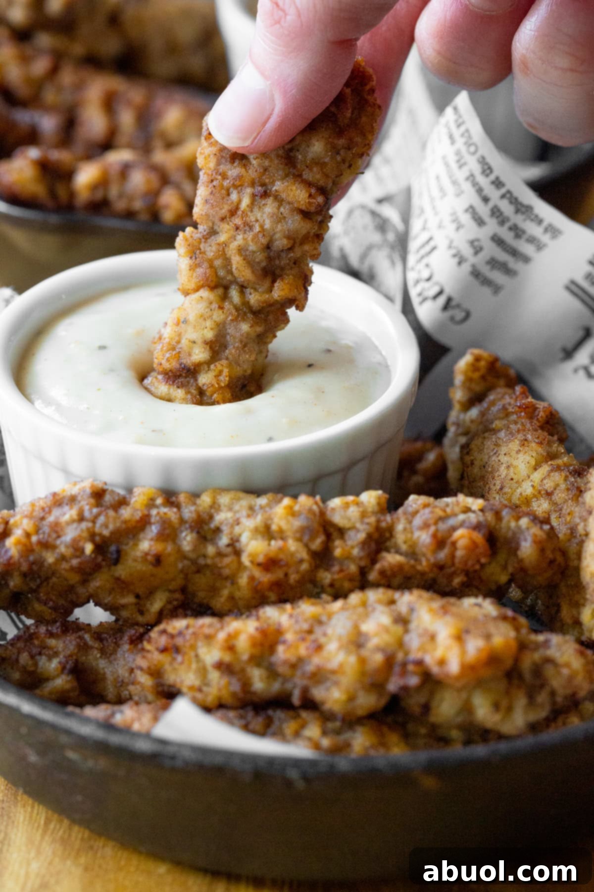 A hand dipping a crispy chicken fried steak finger into a small white ramekin filled with rich, creamy country gravy.