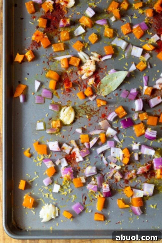 Super Fast Spanish Paella Sheet Pan Dinner ingredients on sheet