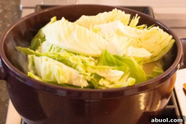 The Simmering Stage: How to Make Tender Irish Cabbage and Bacon Fresh cabbage wedges and sautéed onions simmering in a large pot, absorbing rich flavors.