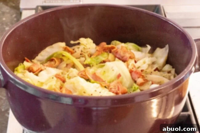 Delicious and Easy Irish Cabbage and Bacon – A St. Patrick's Day Must-Have! A wide shot of a pot of cooked bacon and cabbage resting on the stove, ready to be served.