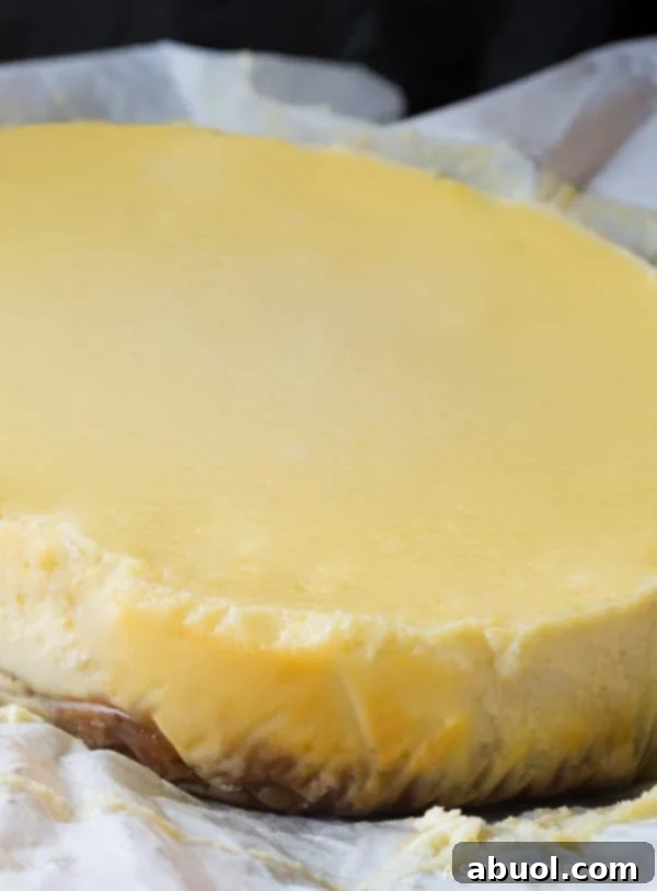 Dreamy Slow Cooker Cheesecake 3 A golden-brown Slow Cooker Cheesecake, carefully placed on a piece of parchment paper, showcasing its smooth, unblemished surface.