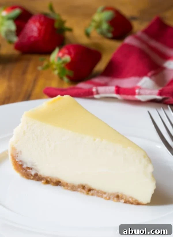 Dreamy Slow Cooker Cheesecake 7 A perfectly portioned slice of slow cooker cheesecake on a white plate, artfully garnished with fresh strawberries in the background.