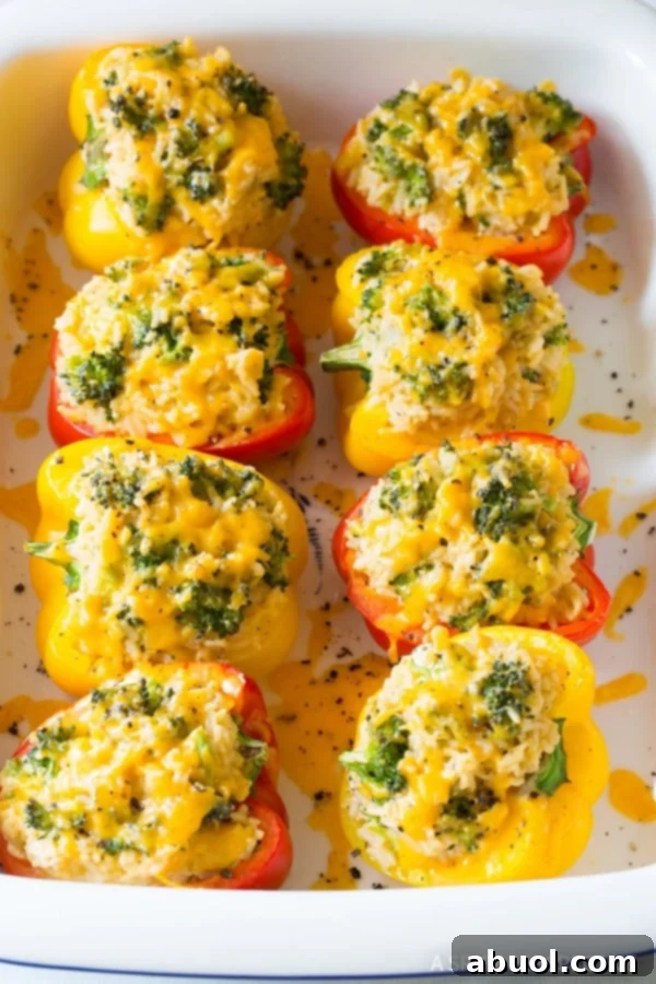 Vegetarian Stuffed Peppers after being baked in a baking dish. 