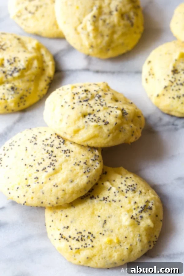 Freshly baked lemon poppy seed cookies scattered on a clean kitchen counter, ready to be enjoyed.