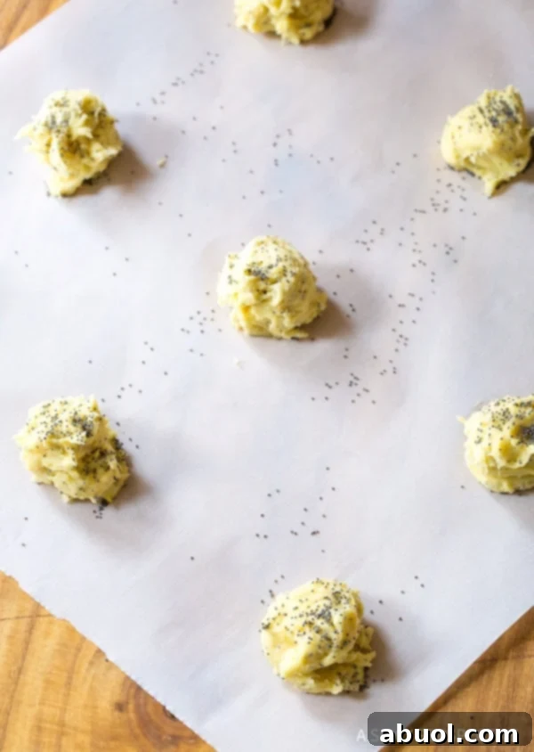 Scooped cookie dough balls on a baking sheet lined with parchment paper, sprinkled with extra poppy seeds.