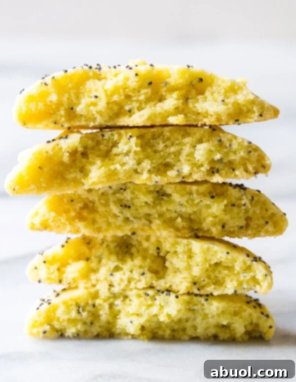 A lemon poppy seed cookie broken in half, showcasing its soft, moist interior and visible poppy seeds, stacked on other cookies.