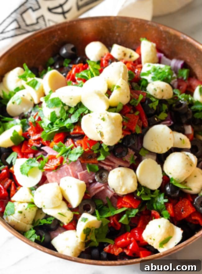 Assortment of Italian pasta salad ingredients: sliced hard salami, a jar of grilled piquillo peppers, and a container of mini mozzarella balls, showcasing the savory components.