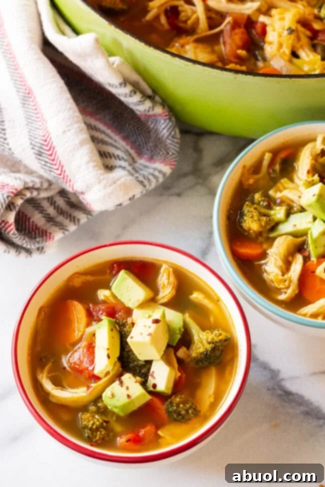 Low-Carb Southwest Chicken Detox Soup Overhead view of two bowls of low-carb chicken soup, beautifully topped with creamy avocado slices, highlighting its healthy appeal.