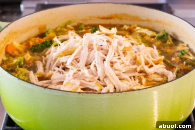Shredded Chicken Reintroduced to Soup Shredded chicken being stirred back into the hearty Southwest chicken soup, ensuring it's evenly distributed among the vegetables.
