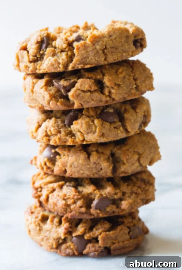 Stack of six perfectly baked gluten-free peanut butter and chocolate chip cookies, showcasing their golden texture and visible chocolate chips.