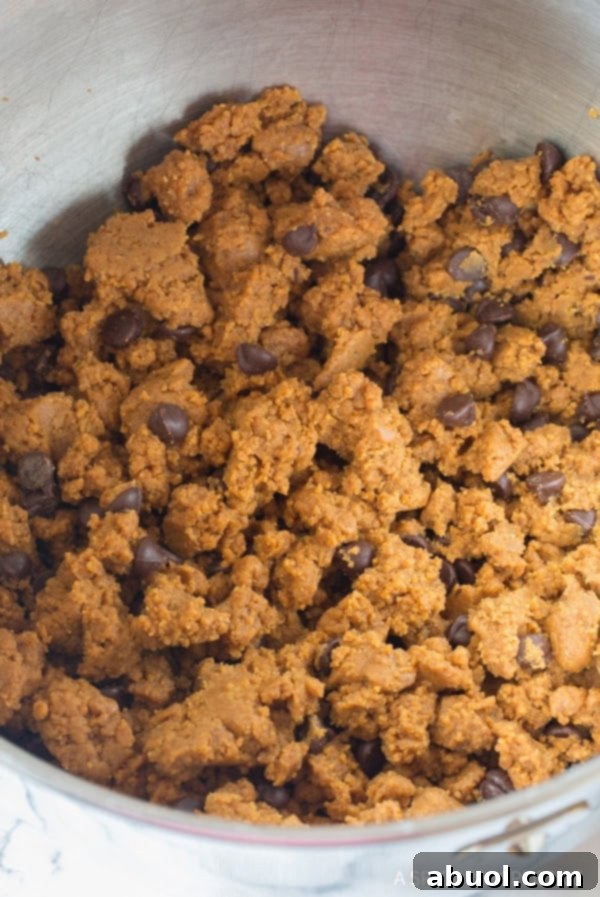 A mixing bowl filled with rich, raw cookie dough, generously studded with dark chocolate chips, ready for scooping.