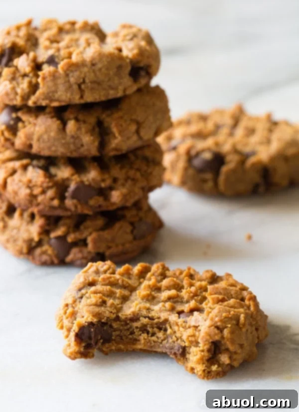 Four delicious cookies in the soft background, with one perfectly baked cookie in the foreground, showcasing a satisfying bite taken out.