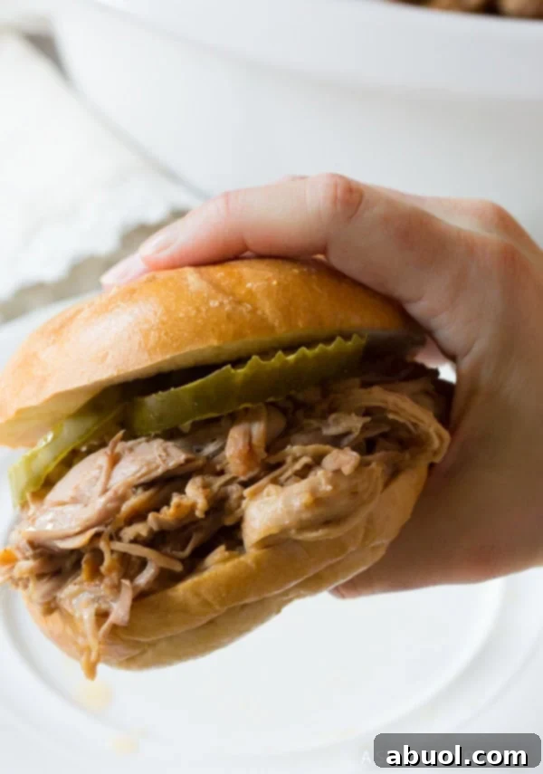 Hand holding a pulled pork sandwich, showcasing its deliciousness.