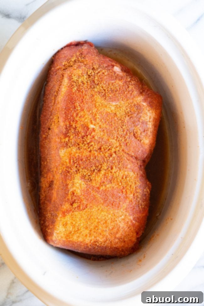Seasoned pork roast in a crock-pot, ready for cooking.