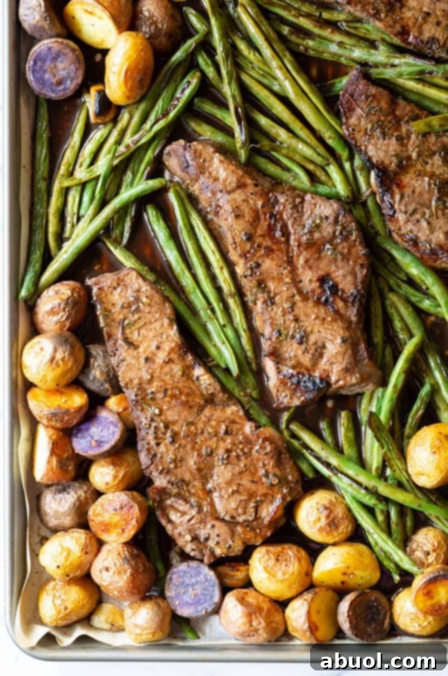 This balsamic steak and veggies recipe on a sheet pan right out of the oven