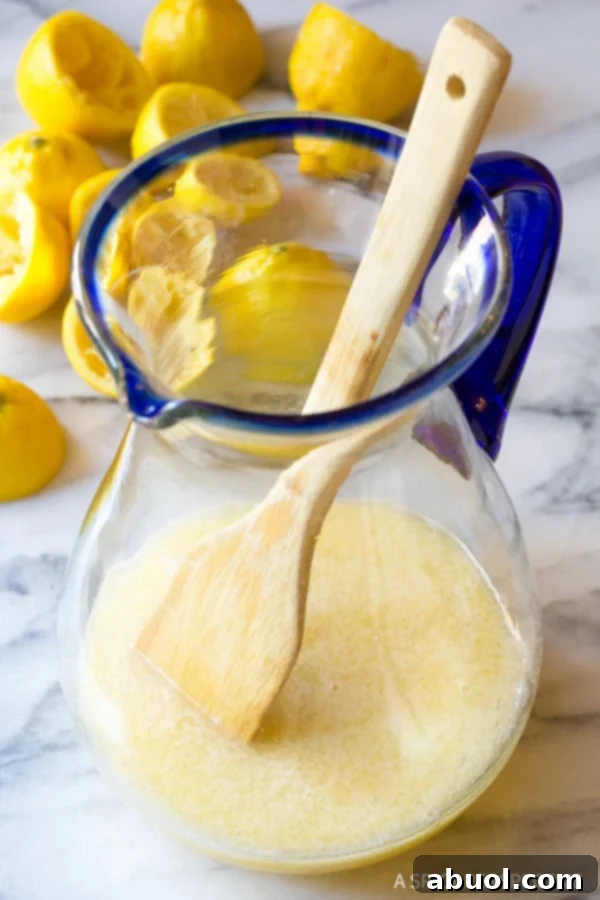 A wooden spoon mixing the lemon juice and stevia thoroughly in the pitcher.