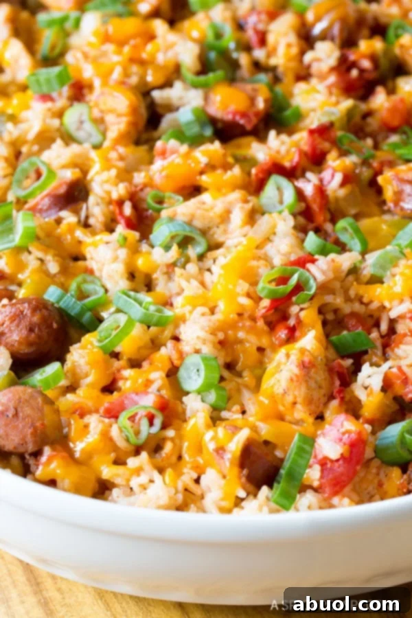 Cheesy Cajun Chicken and Rice Casserole in a baking dish. 